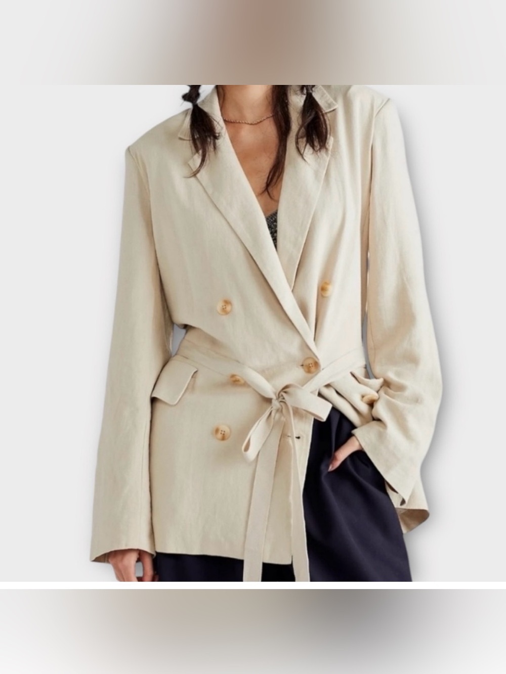 Free People Cream Double-Breasted Suit Jacket with Buttons